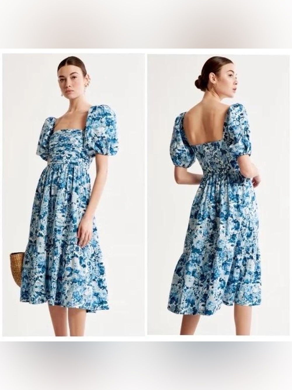 Abercrombie and Fitch Emerson Puff Sleeve Blue White Midi Dress Size Small